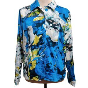 Coldwater Creek M Womens Jacket Painterly Floral Print Cotton Vintage Blue 2000s
